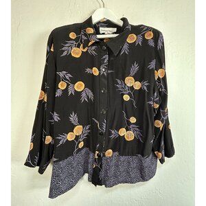 Vintage Stephanie Thomas Black Button-Up Blouse Top Size 20 Floral Polka Dot Hem